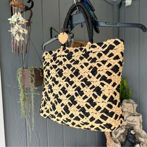 MAGID Black & Cream Bohemian Lined Beach Straw Shoulder Bag